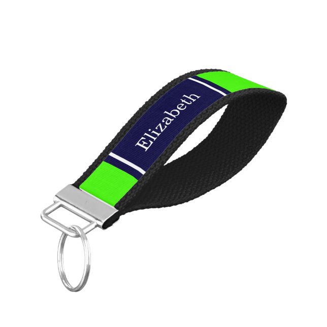 Solid Lime Green, Navy Blue Ribbon Name Monogram Wrist Keychain (Angled Down)