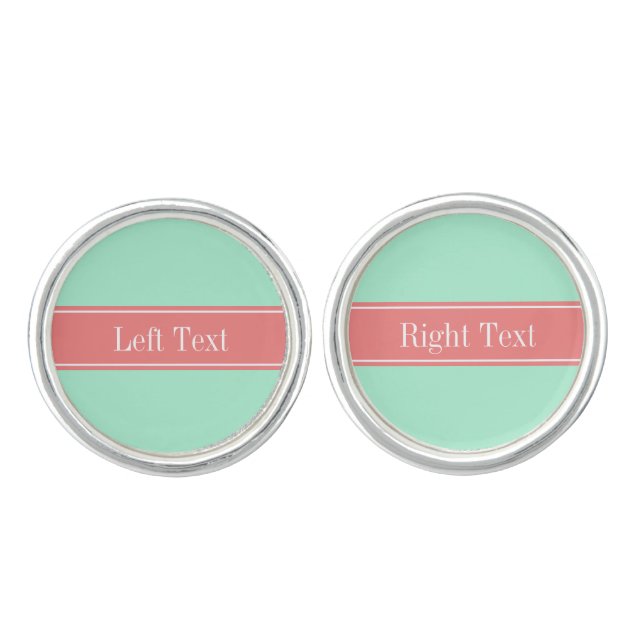 Solid Lt Mint, Lt Coral Ribbon Name Monogram Cufflinks (Front)