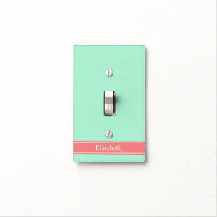 Solid Lt Mint, Lt Coral Ribbon Name Monogram Light Switch Cover