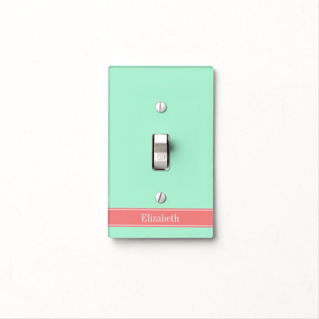 Solid Lt Mint, Lt Coral Ribbon Name Monogram Light Switch Cover (In Situ)