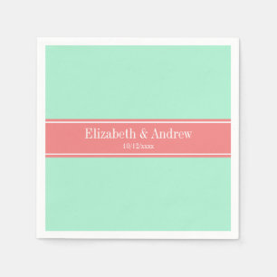 Solid Lt Mint, Lt Coral Ribbon Name Monogram Napkins
