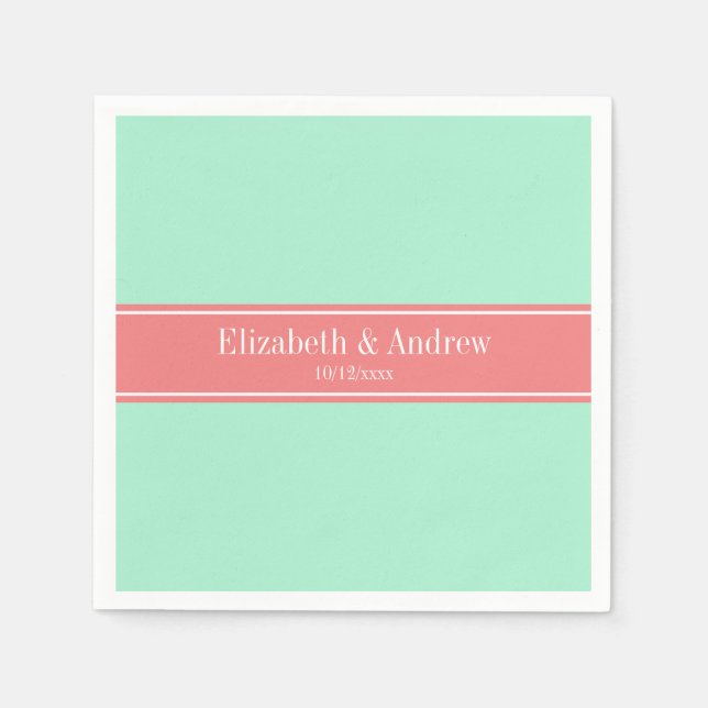 Solid Lt Mint, Lt Coral Ribbon Name Monogram Napkins (Front)