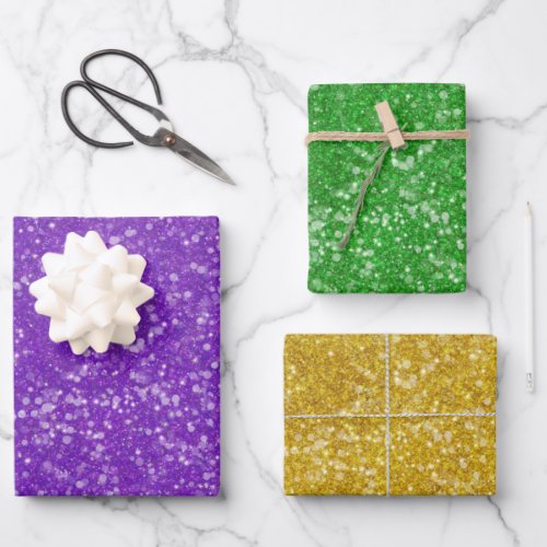 Solid Mardi Gras Faux Glitter Purple Green Gold Wrapping Paper Sheets