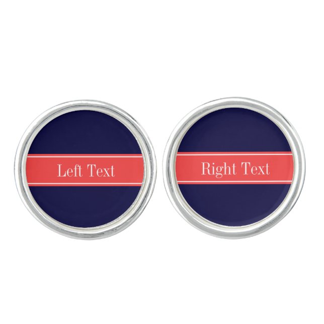 Solid Navy Blue, Coral Red Ribbon Name Monogram Cufflinks (Front)