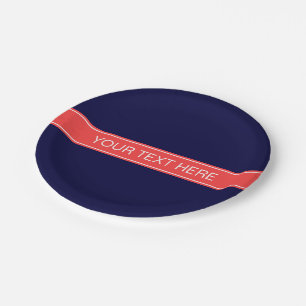 Solid Navy Blue Coral Red Ribbon Name Monogram Paper Plates