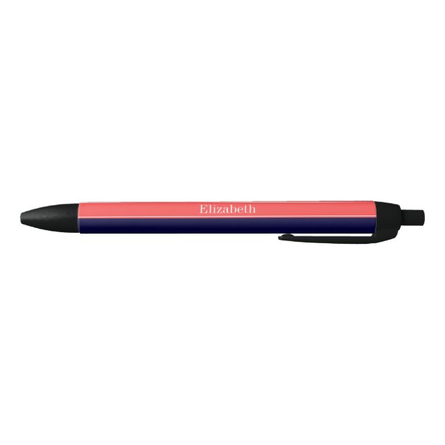 Solid Navy Blue Coral Red Ribbon Name Monogram Pen (Bottom)