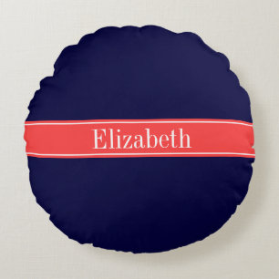 Solid Navy Blue Coral Red Ribbon Name Monogram Round Pillow
