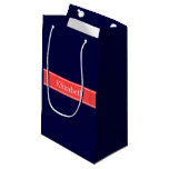 Solid Navy Blue Coral Red Ribbon Name Monogram Small Gift Bag