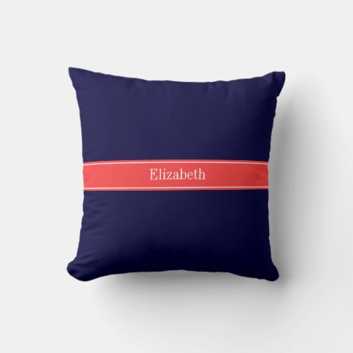 Solid Navy Blue Coral Red Ribbon Name Monogram Throw Pillow