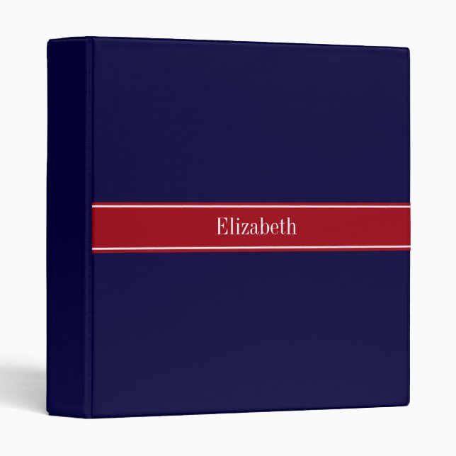 Solid Navy Blue Cranberry Red Ribbon Name Monogram Binder (Front/Spine)