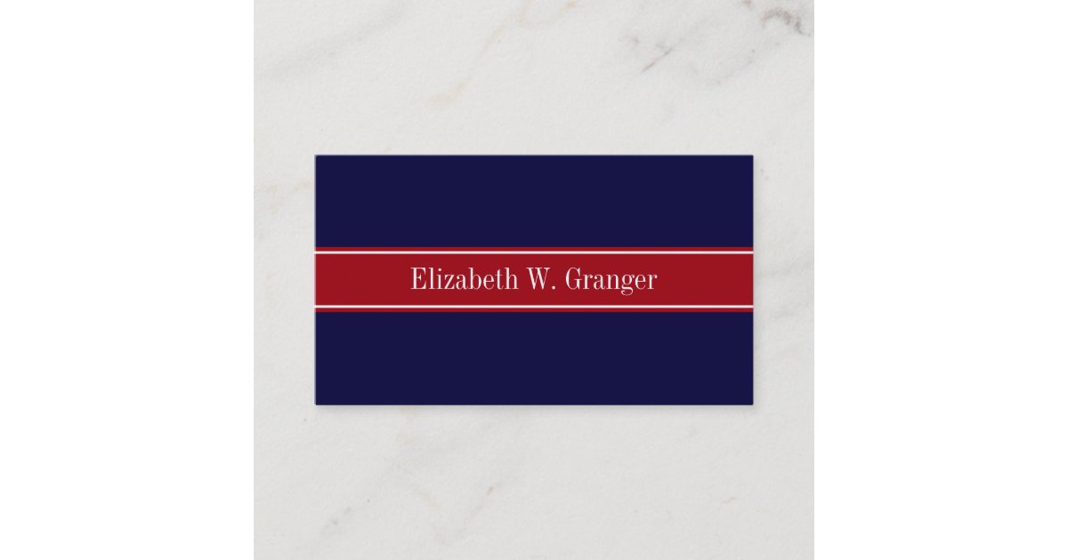 Solid Navy Blue Cranberry Red Ribbon Name Monogram Business Card Zazzle Com
