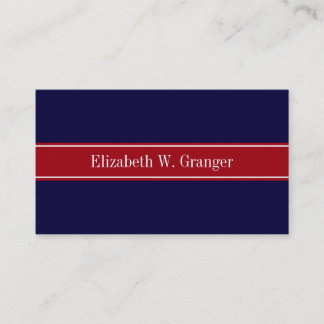 Solid Navy Blue Cranberry Red Ribbon Name Monogram Business Card