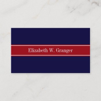 Solid Navy Blue Cranberry Red Ribbon Name Monogram Business Card by FantabulousPatterns at Zazzle