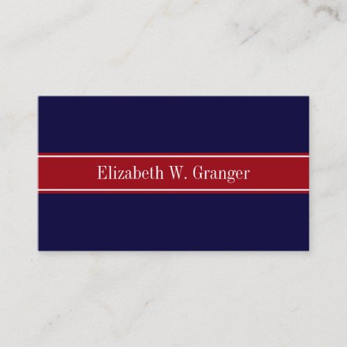 Solid Navy Blue Cranberry Red Ribbon Name Monogram Business Card