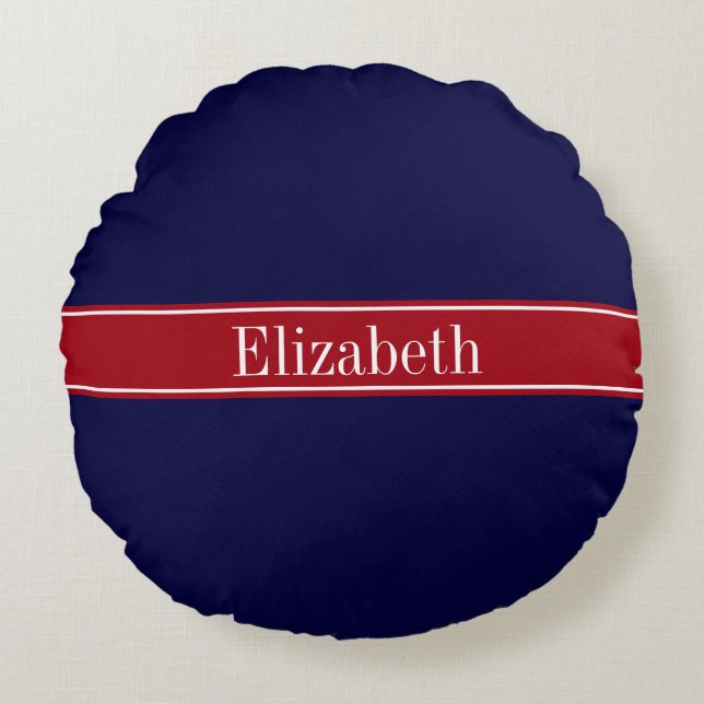 Solid Navy Blue Cranberry Red Ribbon Name Monogram Round Pillow (Front)