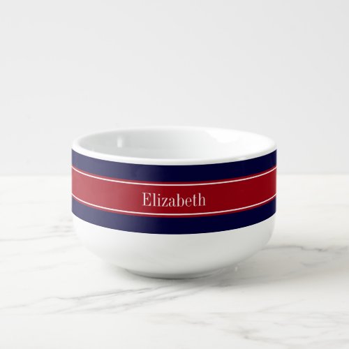 Solid Navy Blue Cranberry Red Ribbon Name Monogram Soup Mug