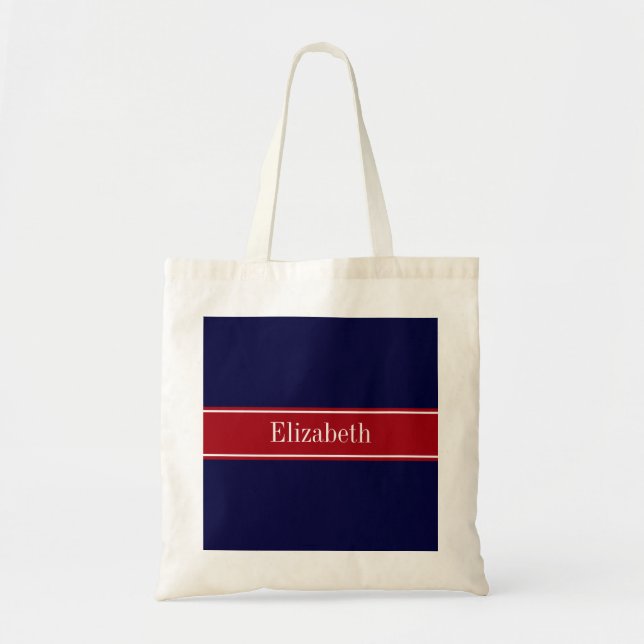 Solid Navy Blue Cranberry Red Ribbon Name Monogram Tote Bag (Front)