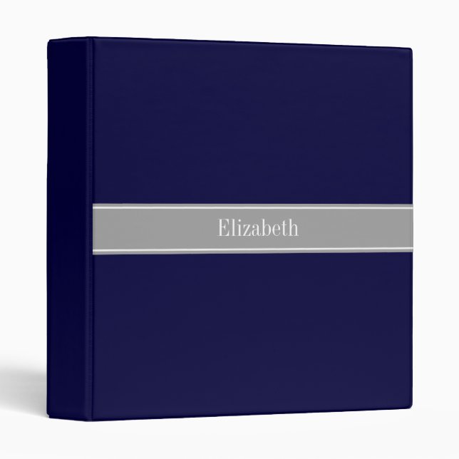 Solid Navy Blue, Dark Gray Ribbon Name Monogram 3 Ring Binder (Front/Spine)