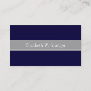 Solid Navy Blue, Dark Gray Ribbon Name Monogram Business Card