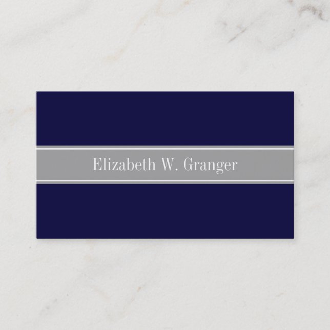Solid Navy Blue, Dark Gray Ribbon Name Monogram Business Card (Front)