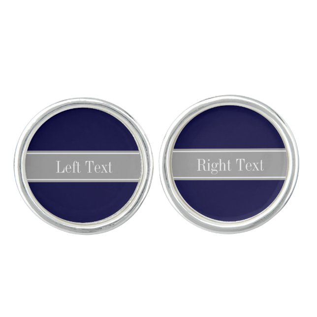 Solid Navy Blue, Dark Gray Ribbon Name Monogram Cufflinks (Front)