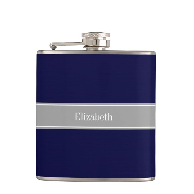 Solid Navy Blue, Dark Gray Ribbon Name Monogram Hip Flask (Front)