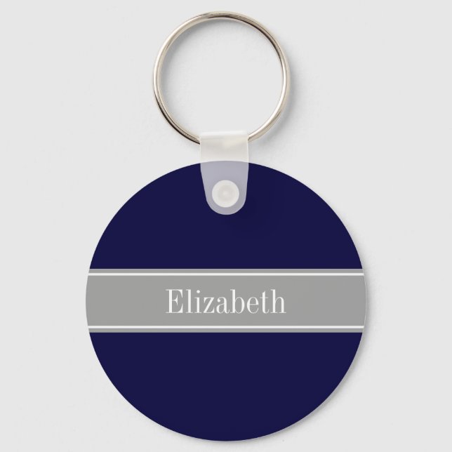 Solid Navy Blue, Dark Gray Ribbon Name Monogram Keychain (Front)