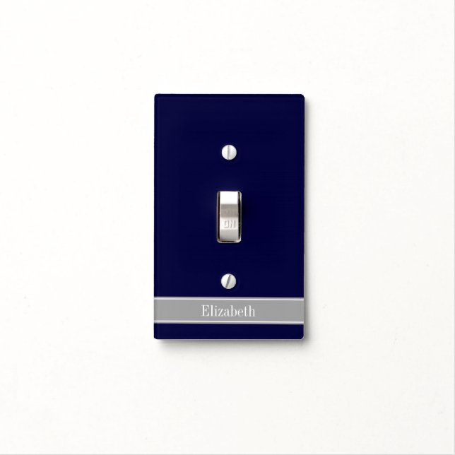 Solid Navy Blue, Dark Gray Ribbon Name Monogram Light Switch Cover (In Situ)