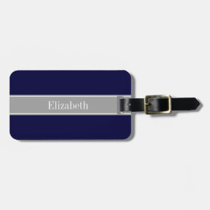 Solid Navy Blue, Dark Gray Ribbon Name Monogram Luggage Tag