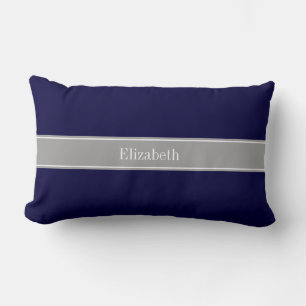 Solid Navy Blue, Dark Gray Ribbon Name Monogram Lumbar Pillow