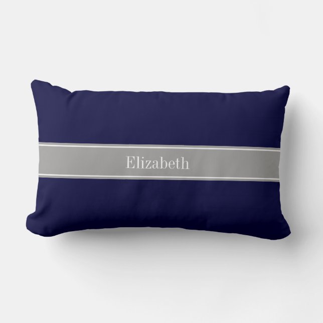 Solid Navy Blue, Dark Gray Ribbon Name Monogram Lumbar Pillow (Front)