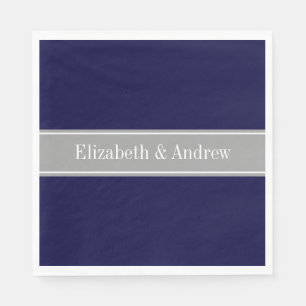 Solid Navy Blue, Dark Gray Ribbon Name Monogram Paper Napkins