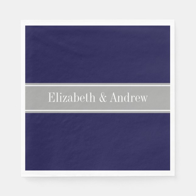 Solid Navy Blue, Dark Gray Ribbon Name Monogram Paper Napkins (Front)