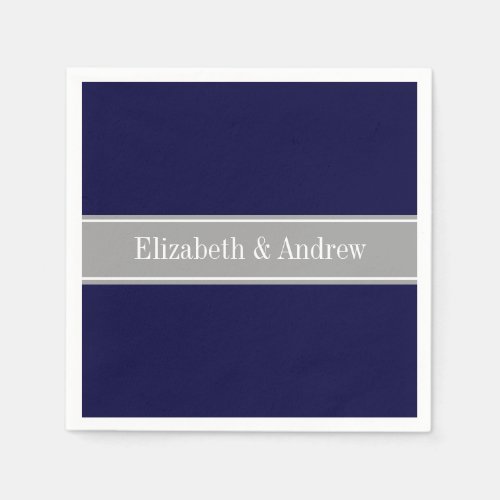 Solid Navy Blue Dark Gray Ribbon Name Monogram Paper Napkins