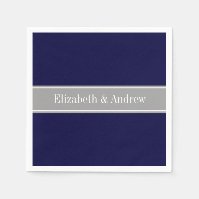 Solid Navy Blue, Dark Gray Ribbon Name Monogram Paper Napkins (Front)