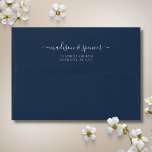 Solid Navy Blue elegant and modern Wedding 5x7 Envelope<br><div class="desc">A customizable handwriting solid Navy blue 5X7 envelope with a white lining inside. This personalized elegant solid dark blue envelope is a classy way to send invitations. Personalize this design with your own handwritten return address on the back flap. Perfect for birthday, wedding, bachelorette party, bridal shower or baby shower....</div>