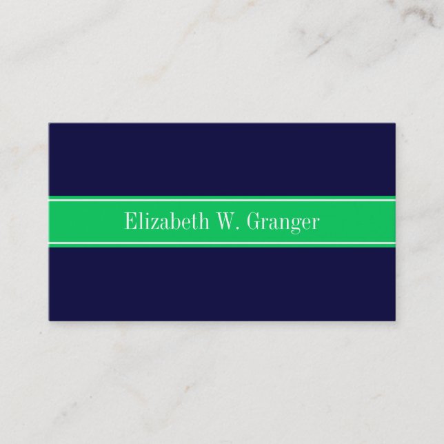 Solid Navy Blue Emerald Green Ribbon Name Monogram Business Card (Front)