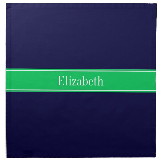Solid Navy Blue Emerald Green Ribbon Name Monogram Napkin (Front)