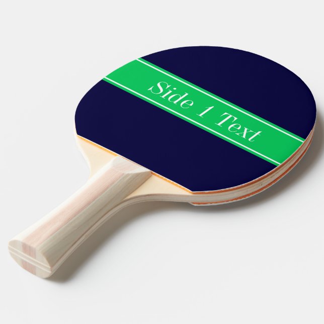 Solid Navy Blue Emerald Green Ribbon Name Monogram Ping Pong Paddle (Front Angle)