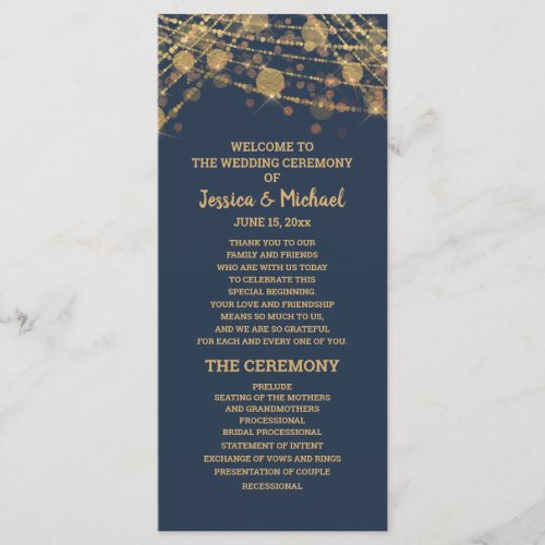 Solid Navy Blue Gold String Lights Wedding Program