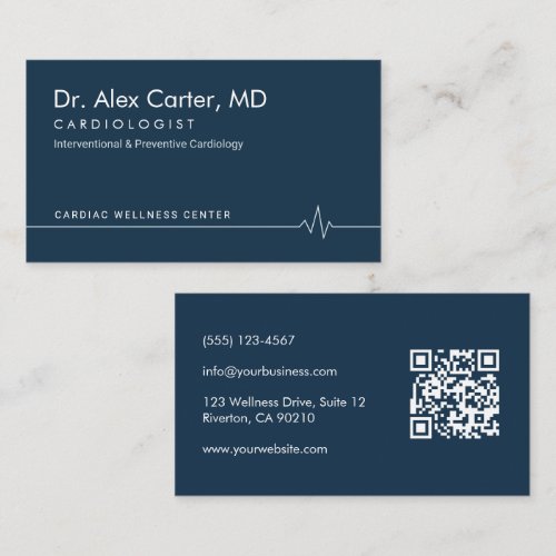 Solid Navy Blue Heartbeat EKG Cardiologist Doctor Business Card