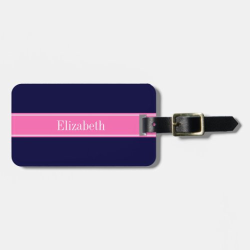 Solid Navy Blue Hot Pink 2 Ribbon Name Monogram Luggage Tag