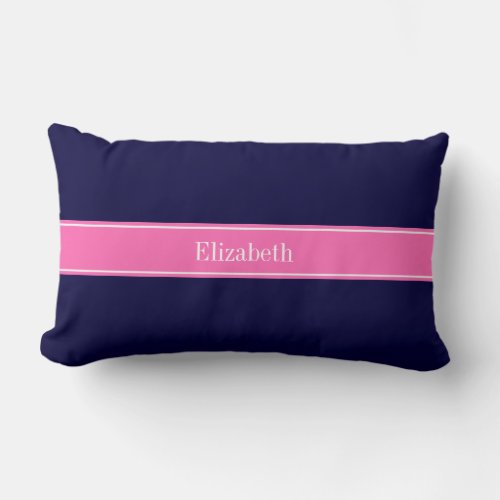 Solid Navy Blue Hot Pink 2 Ribbon Name Monogram Lumbar Pillow