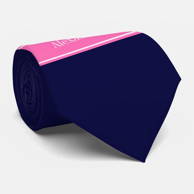 Solid Navy Blue Hot Pink #2 Ribbon Name Monogram Neck Tie (Rolled)