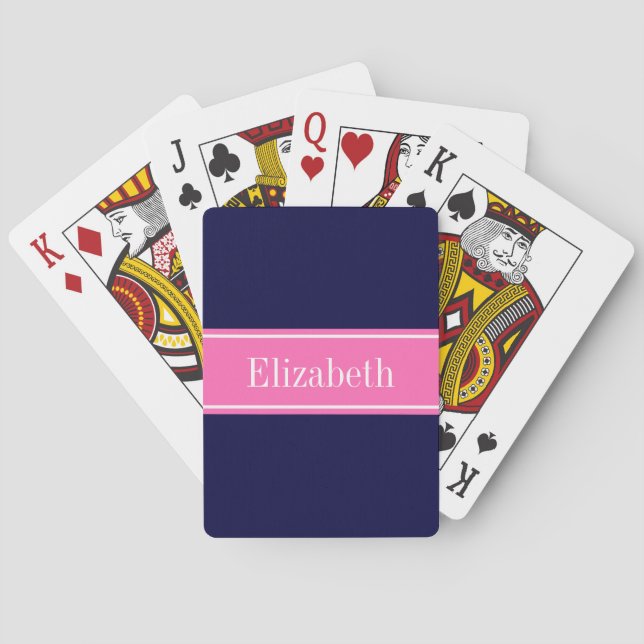 Solid Navy Blue Hot Pink #2 Ribbon Name Monogram Poker Cards (Back)