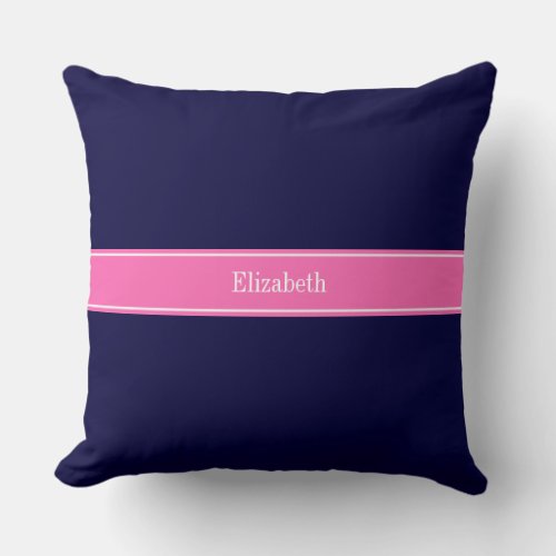 Solid Navy Blue Hot Pink 2 Ribbon Name Monogram Throw Pillow