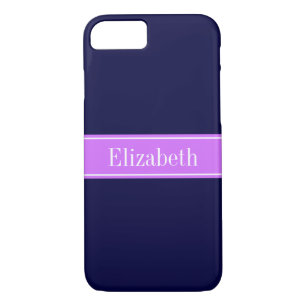 Solid Navy Blue, Lilac Ribbon Name Monogram iPhone 8/7 Case
