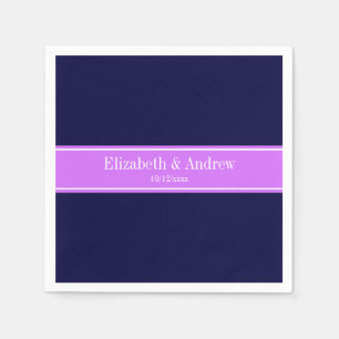 Solid Navy Blue, Lilac Ribbon Name Monogram Paper Napkins