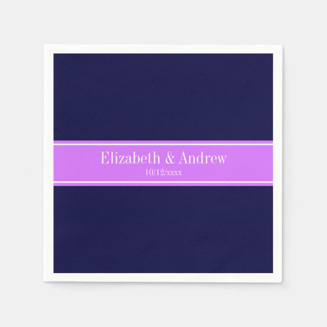 Solid Navy Blue, Lilac Ribbon Name Monogram Paper Napkins (Front)