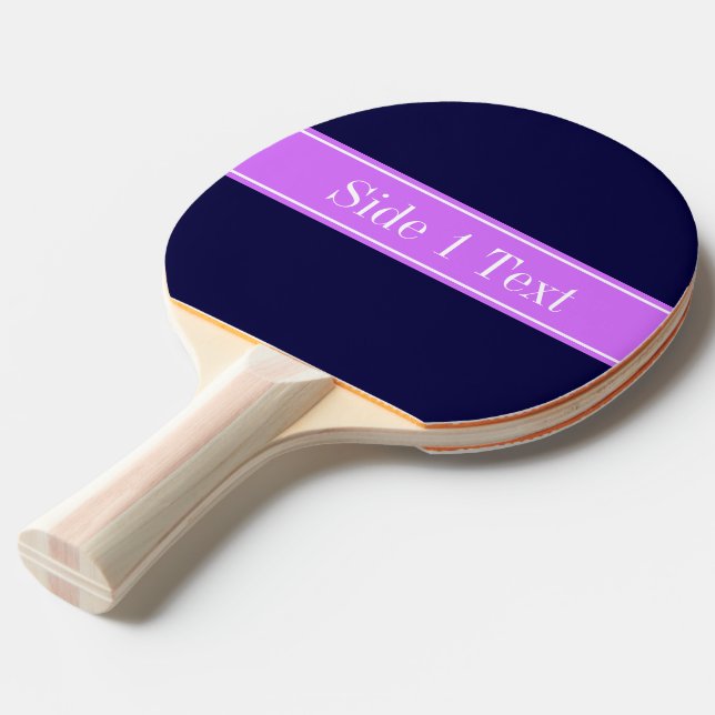 Solid Navy Blue, Lilac Ribbon Name Monogram Ping-Pong Paddle (Front Angle)